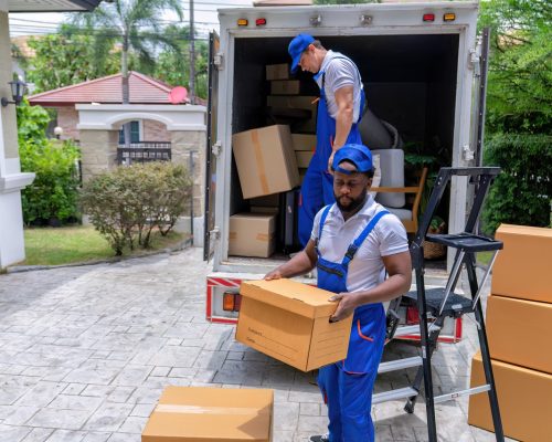 Professional goods move service use truck carry personal belongings Professional goods move service use truck carry personal belongings door to door transport delivery handover boxes luggage one by one and keep stack on the floor before transfer to place in house